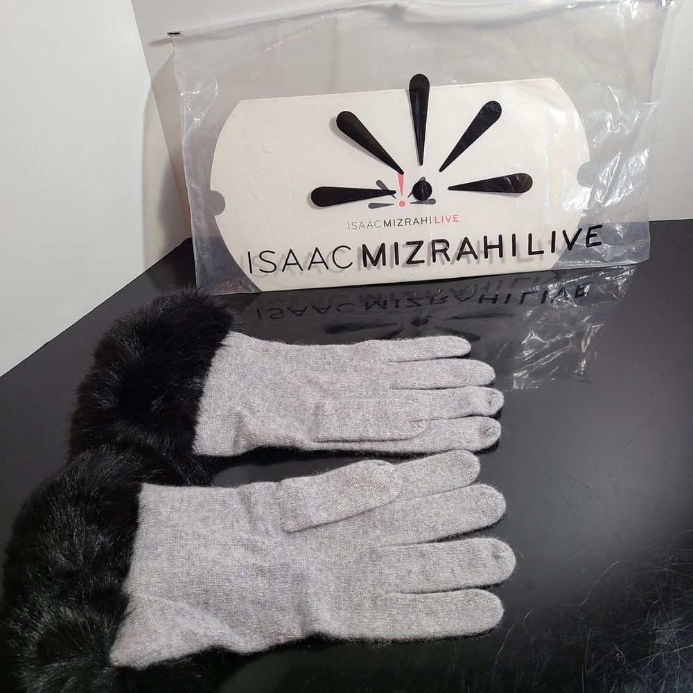 New ISAAC MIZRAHI Gray 100% Cashmere Black Faux Fur Gloves Classy L/XL
